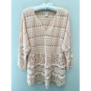 SUNDANCE | Blush Pink Boho Sheer Lace Embroidered Peplum Tunic Top | Large